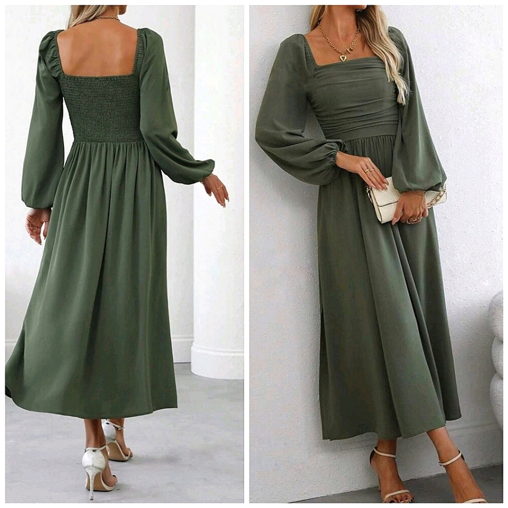 New Chic Ruched Square Neck Lantern Sleeve Long Split Dress Olive Green
